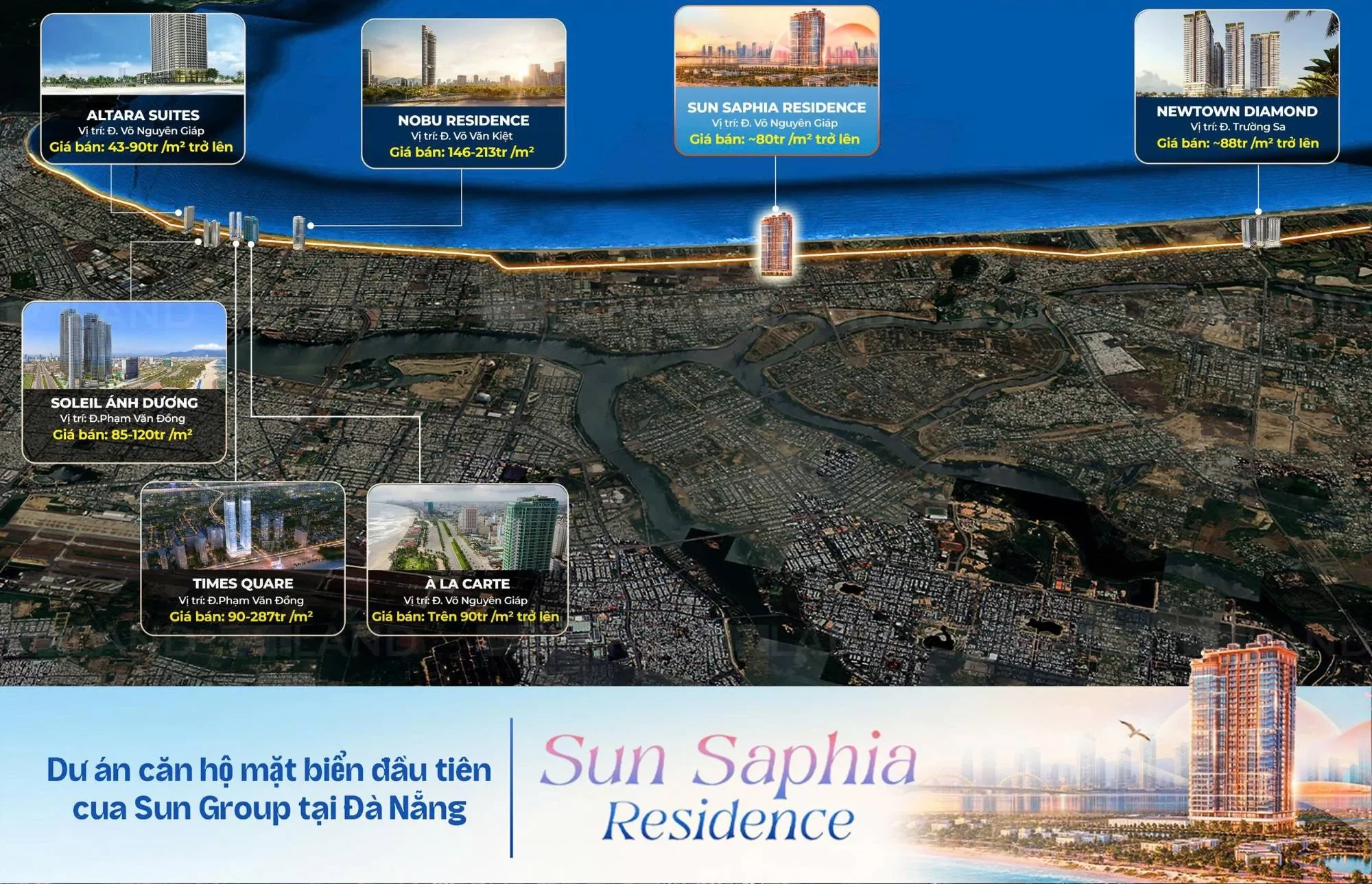 Bản đồ giá căn hộ ven biển Đà Nẵng quanh Sun Saphia Residence
