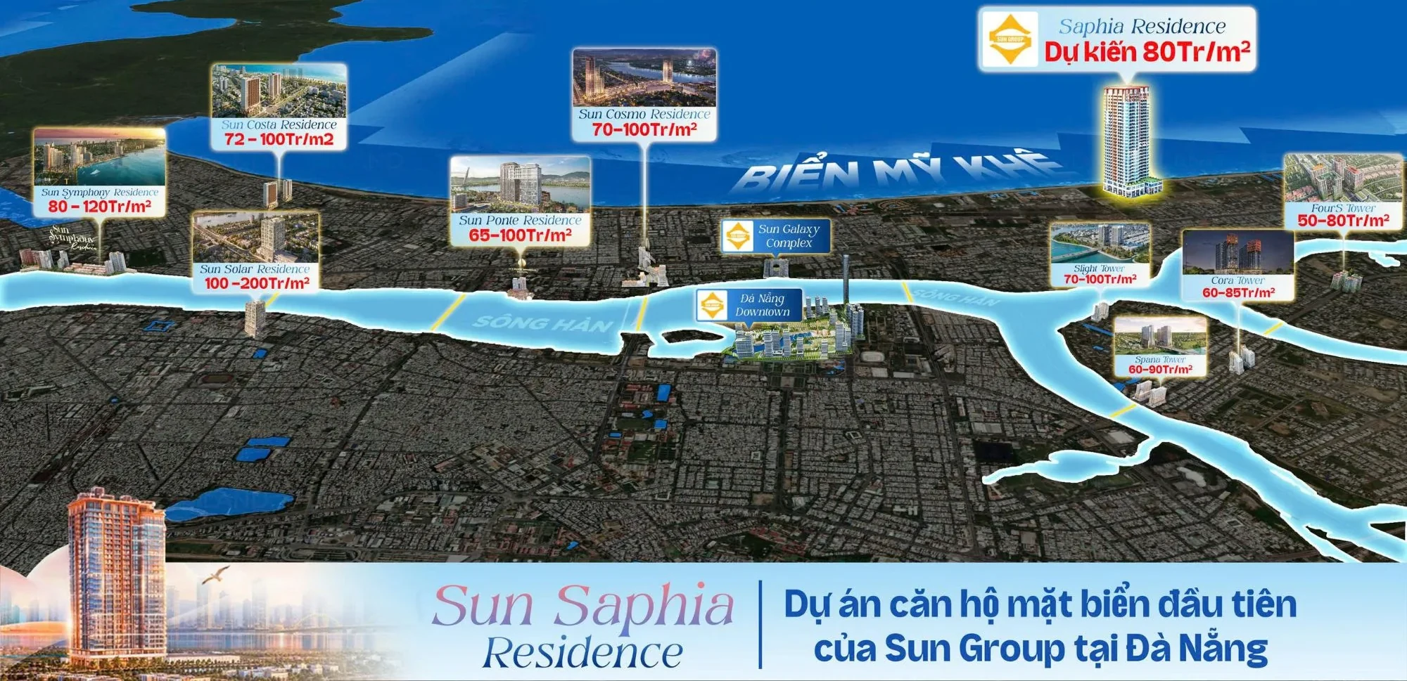 Bản đồ giá căn hộ Sun Group và ven sông Hàn