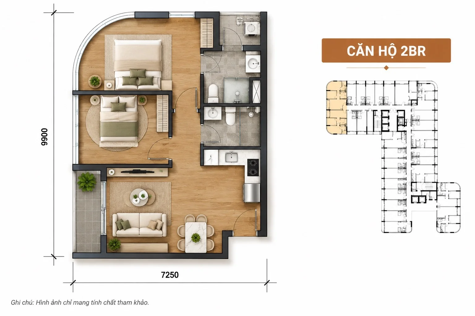 Layout căn 2PN Sun Saphia